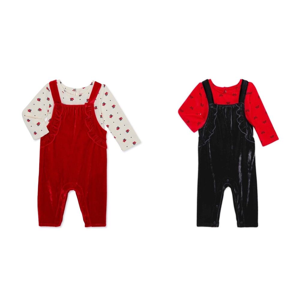2 adorable Velour Overalls and Bodysuit Sets for Baby Girls 24 months soft